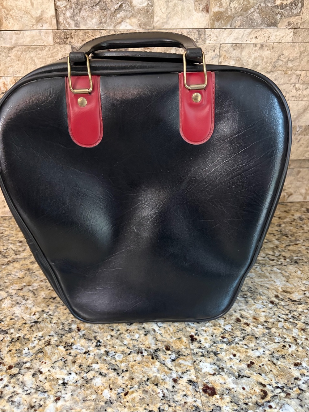 Retro Black Vinyl Bowling Ball Bag with Red and Silver Accents - Picture 3 of 6